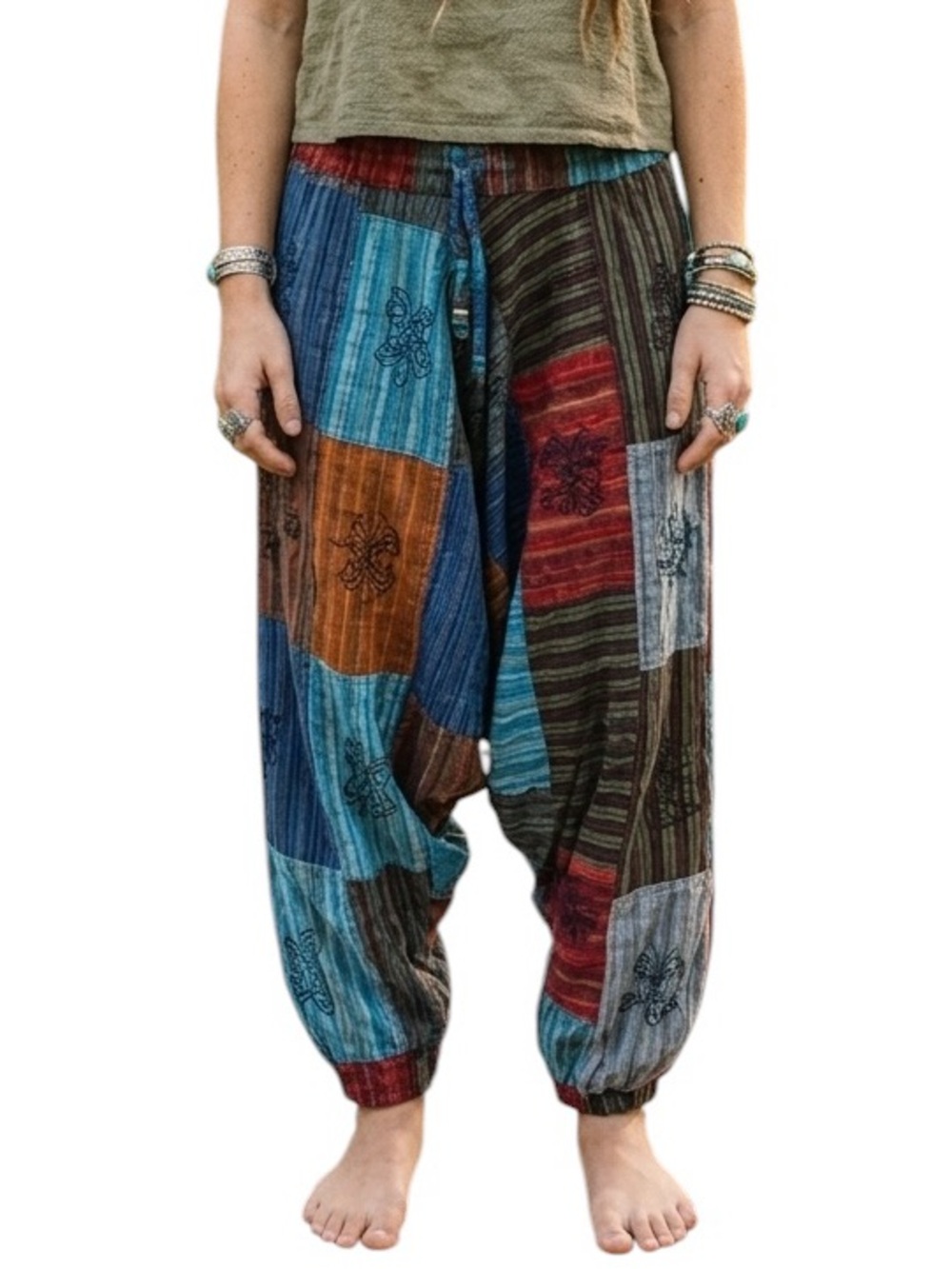 Patchwork Hippy Harem Pants Boho Drop Crotch Pockets Nepal Size Medium